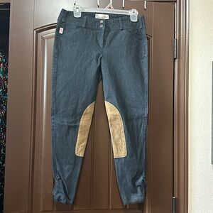 TS front zip riding pants navy denim/tan patch size 30